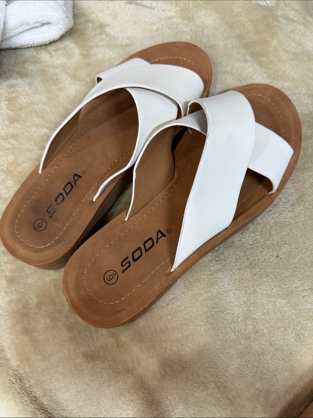 Soda White Crisscross Slide Sandals with Brown Footbed